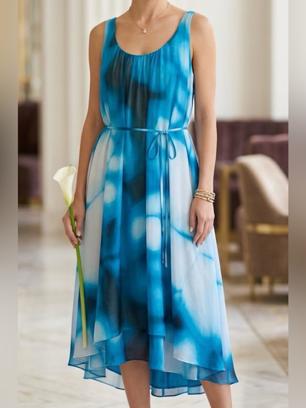 T Tahari Blue White Abstract‎ Watercolor Chiffon Sleeveless Shift Dress Large